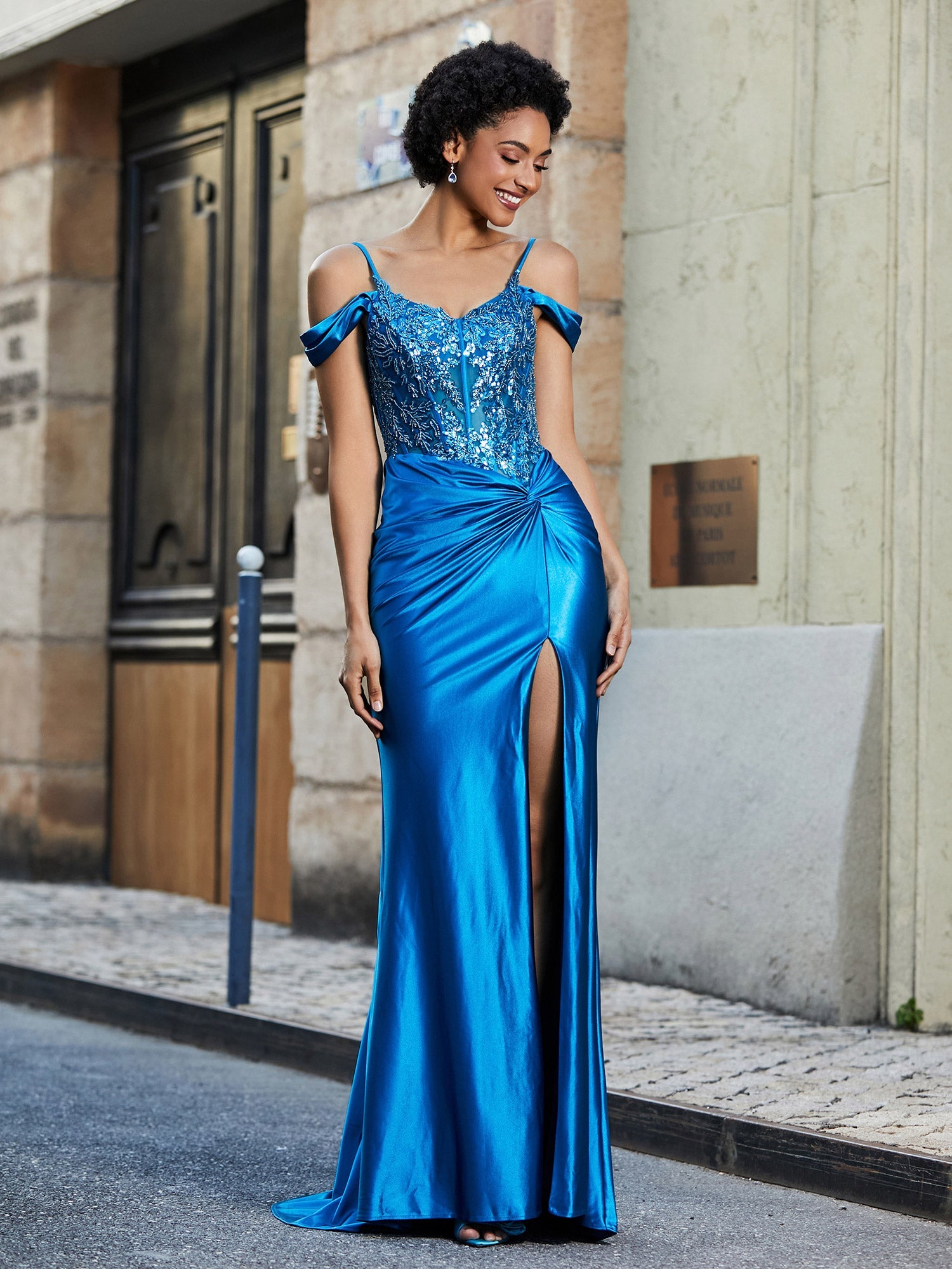 Schulterfrei Korsett Oberteil Satin Kleid Meerblau